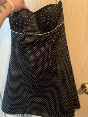 Betsy & Adam Black Strapless Polka Dot A-Line Dress with Rhinestones